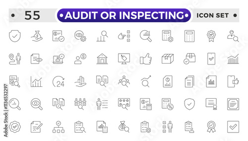 Audit or Inspecting icons set in thin line design. Pack of inspection, hire, calculation money, coaching, protection, cooperation, success, task, and other pictograms outline icons.