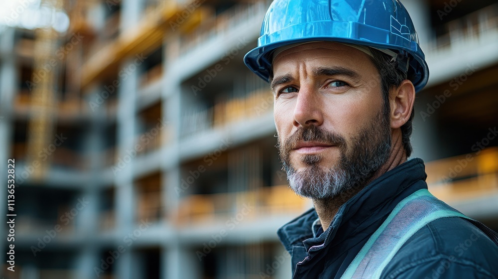 Construction worker at building site focused and determined Construction worker at building site focused and determined