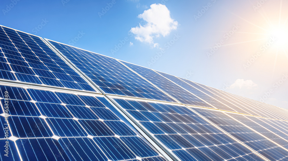 A solar panel is shown in the sun, with the sun shining brightly on it