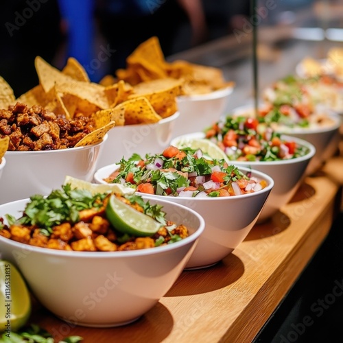 A tempting taco bowl station with choices like spicy pork, grilled shrimp, and chipotle tofu photo