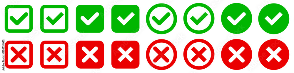 Check mark, tick and cross button, x mark, green and red check box with yes and no sign set in circle and square shape Check mark, tick and cross button, x mark, green and red check box with yes and no sign set in circle and square shape