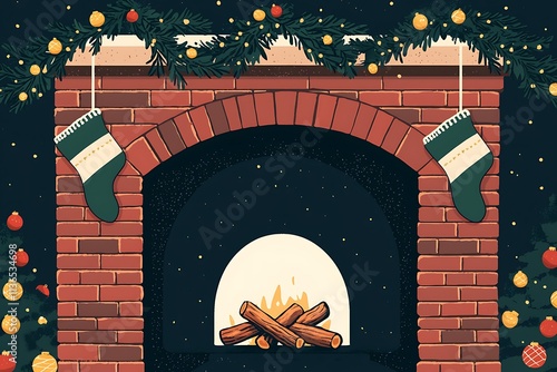 A cozy fireplace graphic featuring a brick fireplace with stockings hanging from the mantle