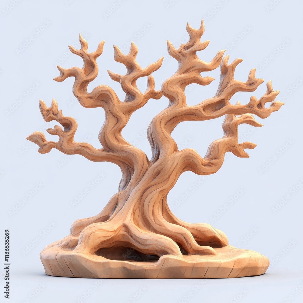 Sculpted Wooden Abstract Tree Sculpture on Light Background Sculpted Wooden Abstract Tree Sculpture on Light Background