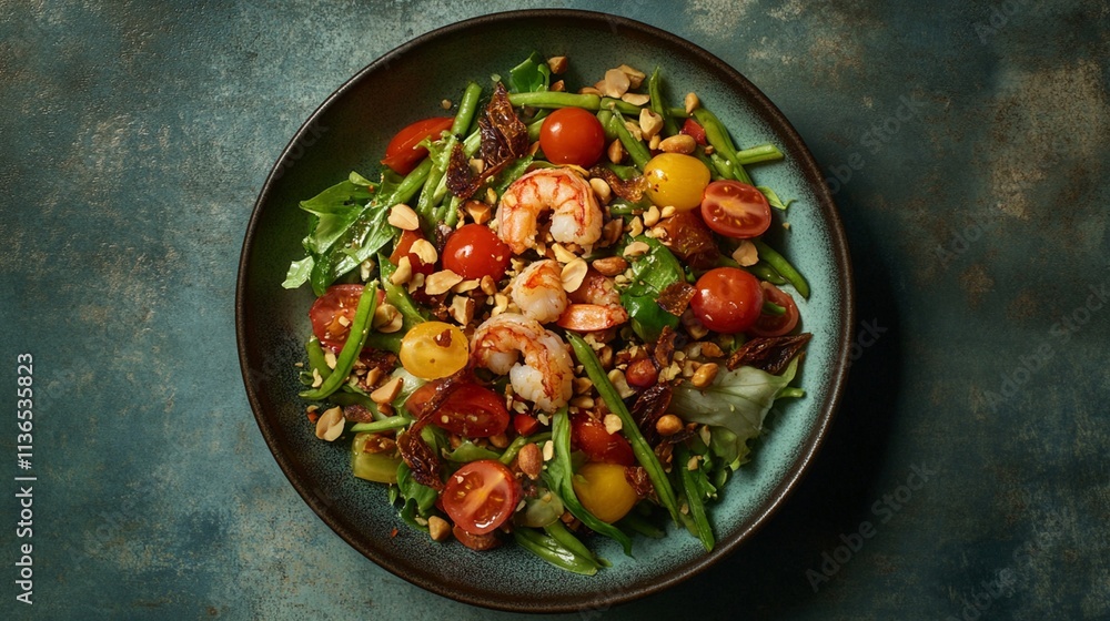 A colorful green papaya salad with tomatoes, green beans, peanuts, and dried shrimp, tossed in a tangy, spicy dressing. A colorful green papaya salad with tomatoes, green beans, peanuts, and dried shrimp, tossed in a tangy, spicy dressing.