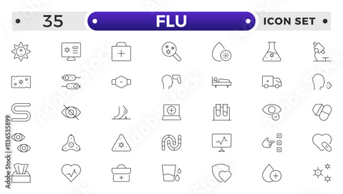Flu icon set. Illness, diseases, sickness, allergy, pain, organs, virus, heart, eye, stomach, lungs, kidney, brain, bones,Symptoms, treatment and prevention of colds. Virus, fever, sneezing.