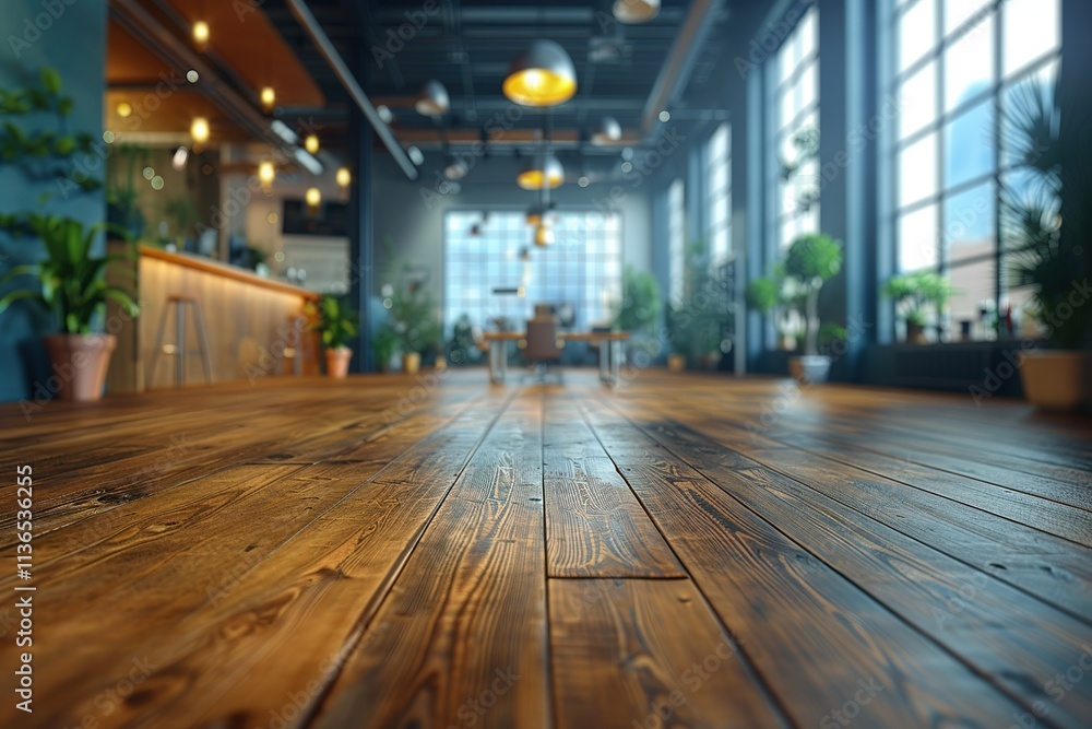 A large room with wooden floors and potted plants A large room with wooden floors and potted plants