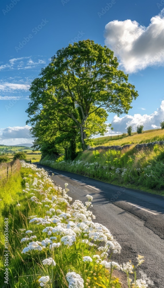 Scenic springtime countryside road adorned with lush blooming trees and serene landscapes Scenic springtime countryside road adorned with lush blooming trees and serene landscapes