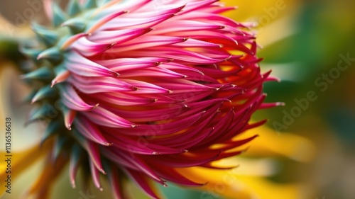 Close-up of a vibrant pink flower with delicate, pointed petals and a textured green base photo