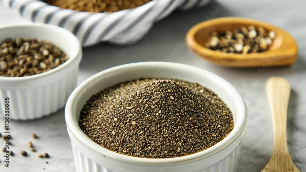 Variety of spices and seeds arranged in bowls on a countertop with a wooden spoon nearby Variety of spices and seeds arranged in bowls on a countertop with a wooden spoon nearby