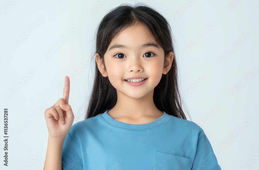 A smiling girl in a blue shirt raises her finger, suggesting an idea or answer. A smiling girl in a blue shirt raises her finger, suggesting an idea or answer.