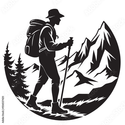 Hiker Silhouette Trekking Uphill with Stick 