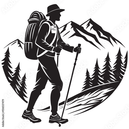 Hiker Silhouette Trekking Uphill with Stick 