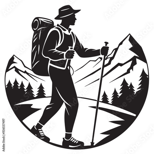 Hiker Silhouette Trekking Uphill with Stick