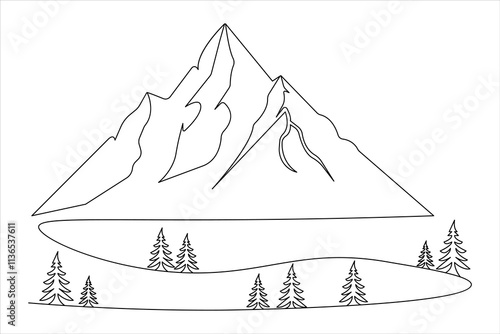 Mountain one line drawing of isolated continuous outline vector illustration