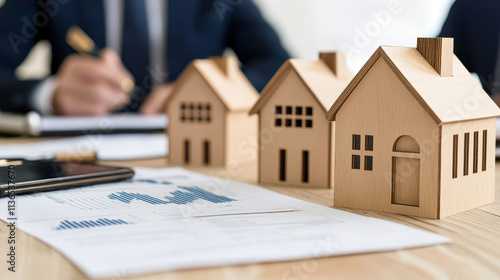 Increasing Property Taxes Concept, Council Meeting Discussing Property Tax Adjustments with Model Houses and Financial Reports on Table