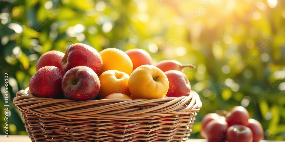 A wicker basket brimming with ripe, red and yellow apples, bathed in warm sunlight against a lush green background. A wicker basket brimming with ripe, red and yellow apples, bathed in warm sunlight against a lush green background.