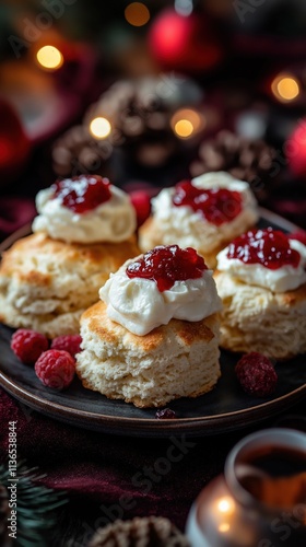 Delicious homemade biscuits topped with cream and raspberry jam served on a festive table