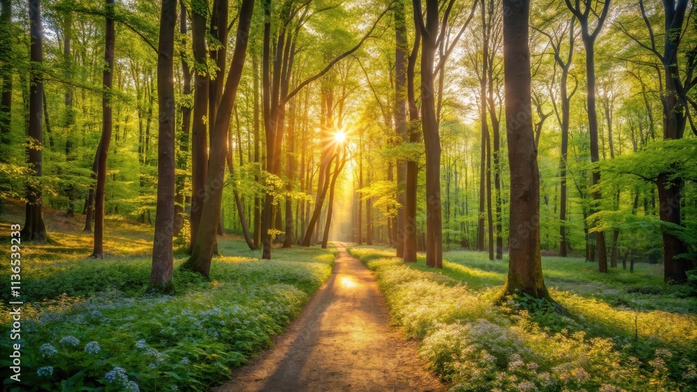 Fototapeta premium Serene Sunrise Path Through a Lush Spring Forest
