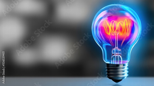 Illuminated light bulb glowing with vibrant colors against a blurred background.