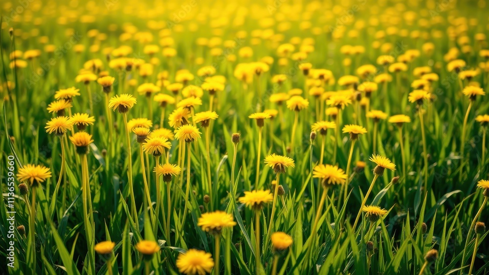 Vibrant Yellow Dandelions Blooming in a Lush Green Meadow at Sunset Vibrant Yellow Dandelions Blooming in a Lush Green Meadow at Sunset