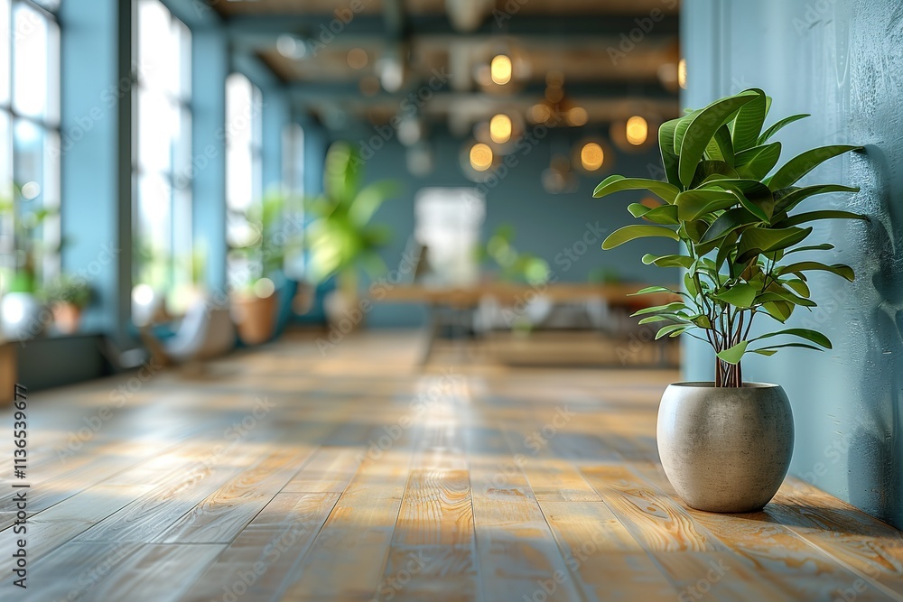 Fototapeta premium A potted plant sits on a wooden floor in a modern office space.