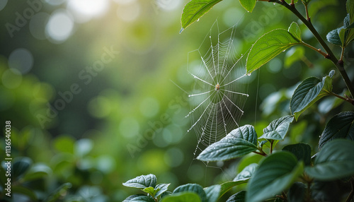 Spider web glistening in sunlight among green leaves.