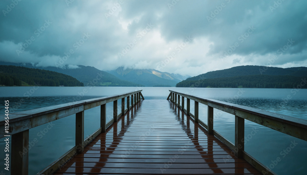 Obraz premium Wooden dock extending into calm lake under cloudy sky.