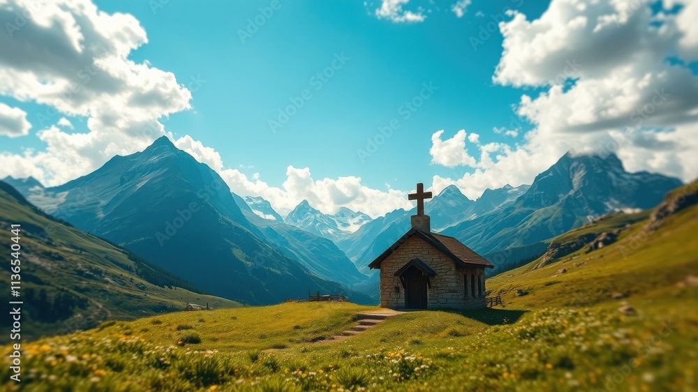 Serene Mountain Chapel A Picturesque Stone Structure on a Verdant Alpine Meadow Serene Mountain Chapel A Picturesque Stone Structure on a Verdant Alpine Meadow