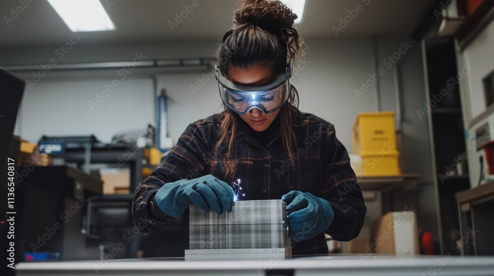 woman welder working on metal project in workshop woman welder working on metal project in workshop