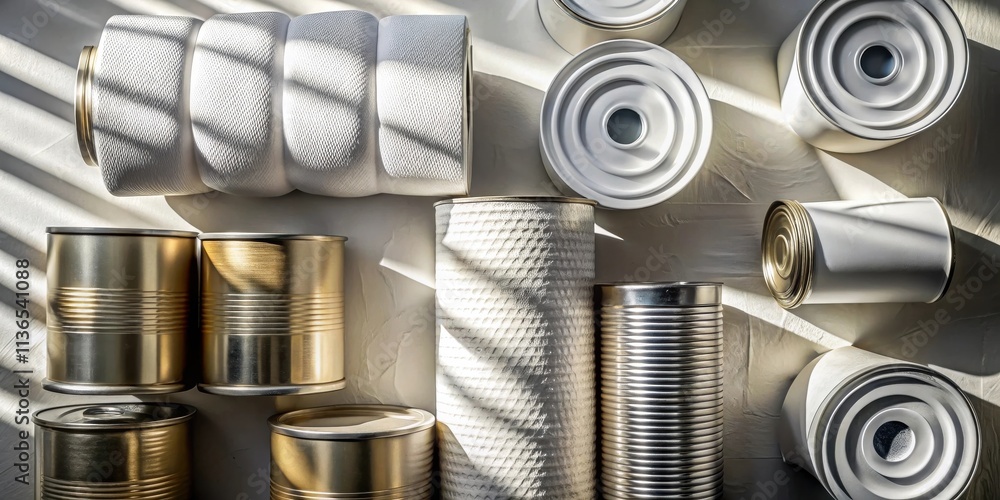 A Still Life Featuring Cylindrical Containers in Varying Heights, Textures, and Metallic Finishes Under Sunlight A Still Life Featuring Cylindrical Containers in Varying Heights, Textures, and Metallic Finishes Under Sunlight