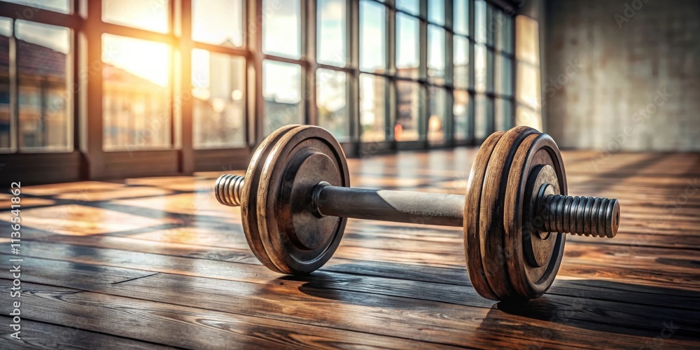 A rustic dumbbell rests on a wooden floor, bathed in sunlight streaming through large windows. A rustic dumbbell rests on a wooden floor, bathed in sunlight streaming through large windows.