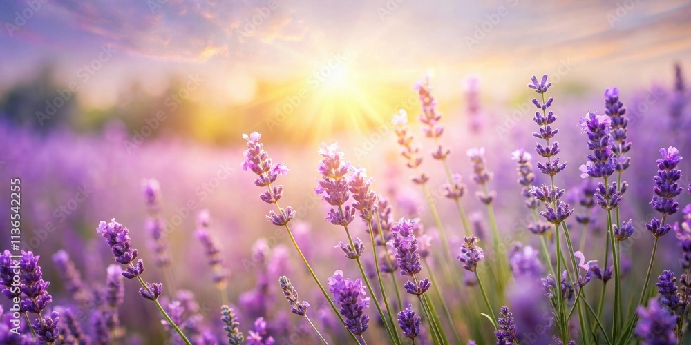 Serene Sunset Glow Illuminates a Field of Purple Lavender Flowers Serene Sunset Glow Illuminates a Field of Purple Lavender Flowers