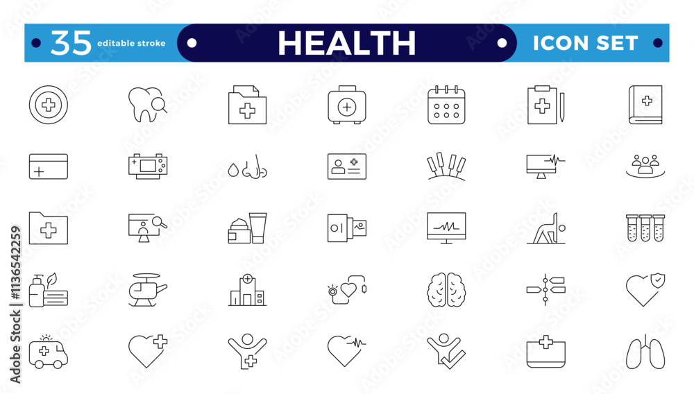 Health Care outline icon set. Medicine and Health Care linear icon collection. Containing emergency, doctor, treatment, medical, report, diagnosis, health, prevention. Editable stroke outline icon. Health Care outline icon set. Medicine and Health Care linear icon collection. Containing emergency, doctor, treatment, medical, report, diagnosis, health, prevention. Editable stroke outline icon.