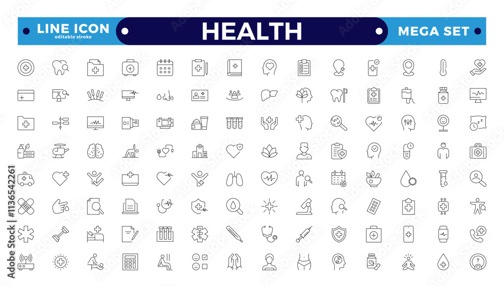 Health Care outline icon set. Medicine and Health Care linear icon collection. Containing emergency, doctor, treatment, medical, report, diagnosis, health, prevention. Editable stroke outline icon. Health Care outline icon set. Medicine and Health Care linear icon collection. Containing emergency, doctor, treatment, medical, report, diagnosis, health, prevention. Editable stroke outline icon.