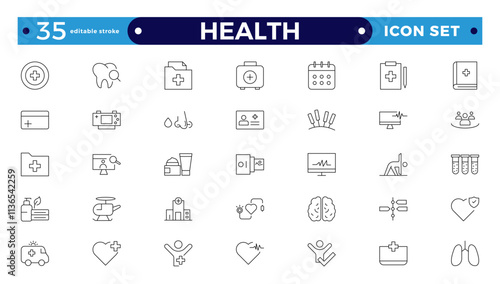 Health Care outline icon set. Medicine and Health Care linear icon collection. Containing emergency, doctor, treatment, medical, report, diagnosis, health, prevention. Editable stroke outline icon.