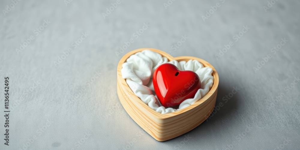 A red heart nestled in a wooden heart-shaped box, gently cushioned by white fabric A red heart nestled in a wooden heart-shaped box, gently cushioned by white fabric