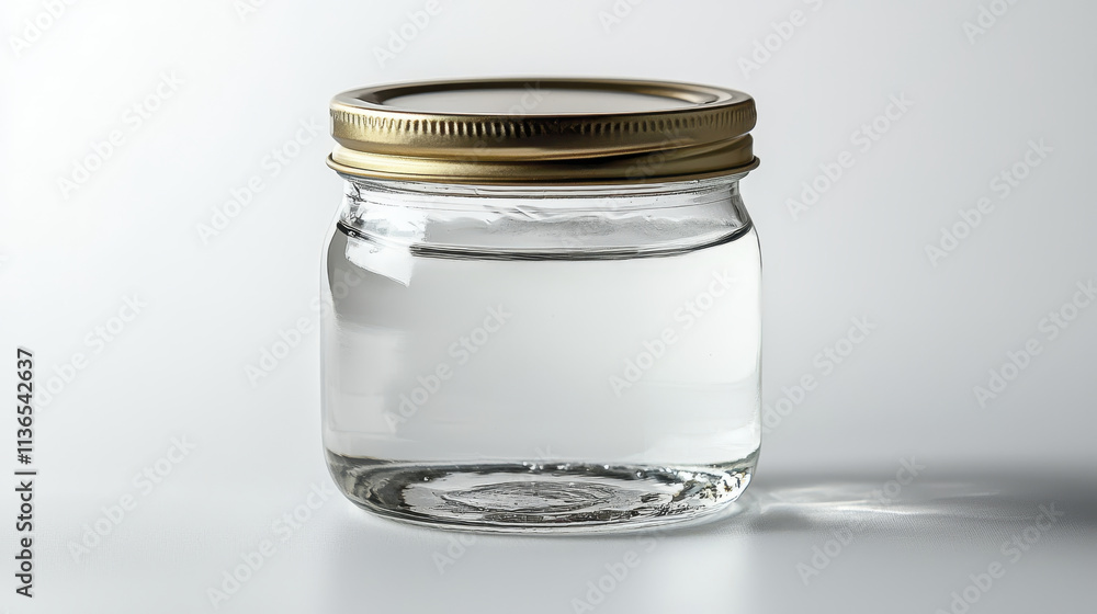 glass jar filled with clear water, showcasing its smooth surface and golden lid. simplicity of jar highlights purity of water inside, creating serene atmosphere glass jar filled with clear water, showcasing its smooth surface and golden lid. simplicity of jar highlights purity of water inside, creating serene atmosphere