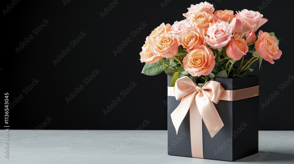 beautiful bouquet of peach and pink roses in black gift box, adorned with satin ribbon, perfect for any occasion. elegant arrangement adds touch of charm and warmth beautiful bouquet of peach and pink roses in black gift box, adorned with satin ribbon, perfect for any occasion. elegant arrangement adds touch of charm and warmth