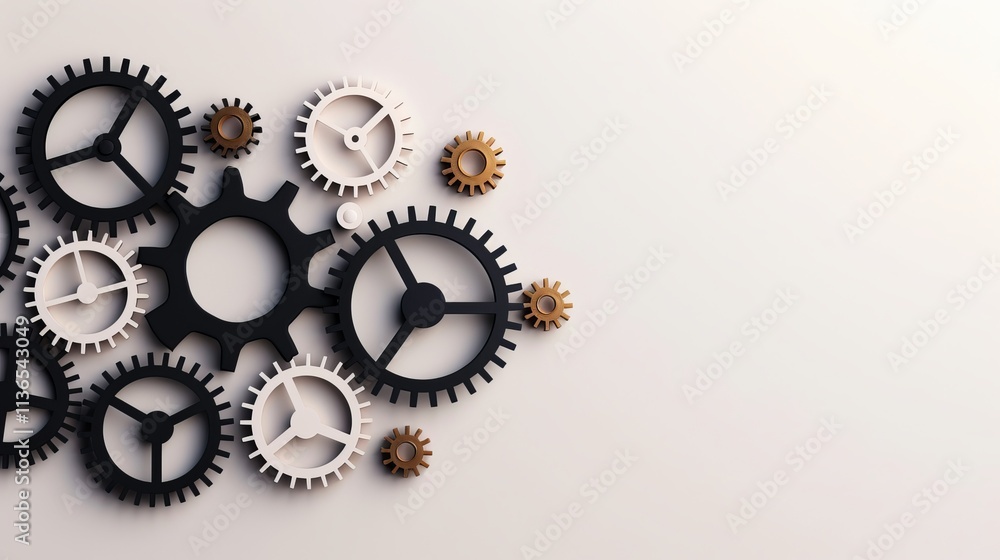 A dynamic arrangement of mechanical gears in black, white, and gold tones, creating a visually striking design that symbolizes teamwork and innovation. good for desktop background A dynamic arrangement of mechanical gears in black, white, and gold tones, creating a visually striking design that symbolizes teamwork and innovation. good for desktop background