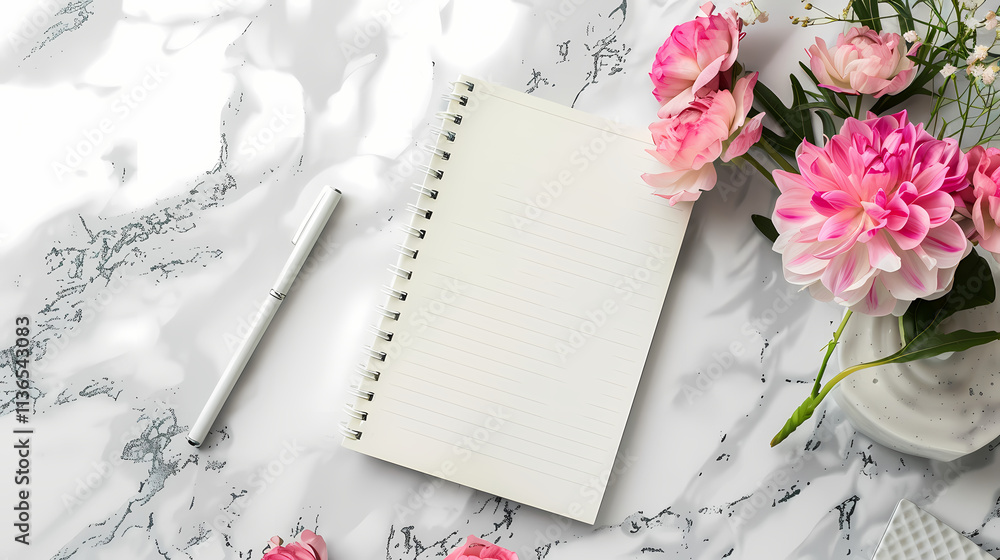 Pink Carnations and Blank Notepad: Elegant flatlay showcasing a pristine spiral notepad, a pen, and a delicate bouquet of pink carnations, arranged on a marble-like surface. Pink Carnations and Blank Notepad: Elegant flatlay showcasing a pristine spiral notepad, a pen, and a delicate bouquet of pink carnations, arranged on a marble-like surface.