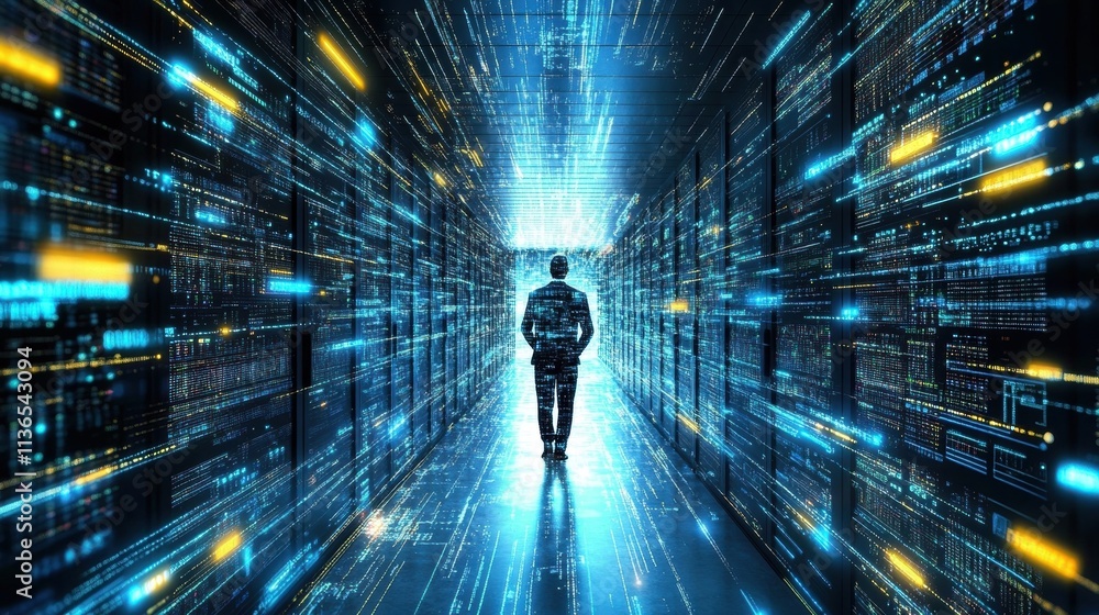 man walking through digital data corridor man walking through digital data corridor