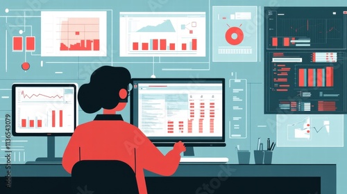 data analyst working with multiple screens showing key performan photo