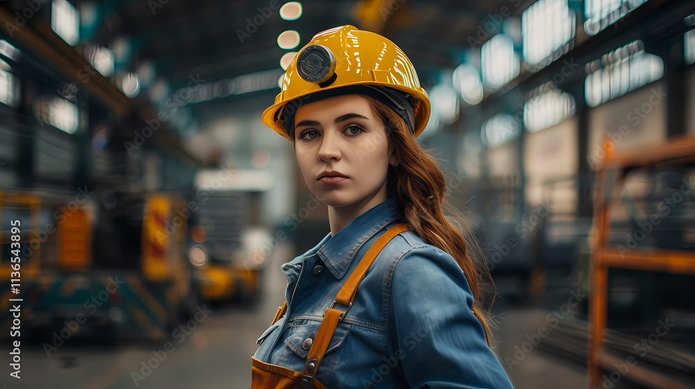 Confident in the Factory: A young female worker, her eyes fixed on the camera, stands amidst the industrial backdrop of a factory. Confident in the Factory: A young female worker, her eyes fixed on the camera, stands amidst the industrial backdrop of a factory.