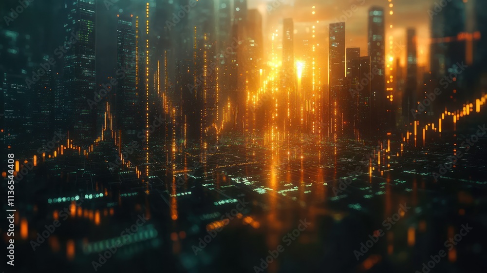 Fototapeta premium Futuristic cityscape with data visualization elements