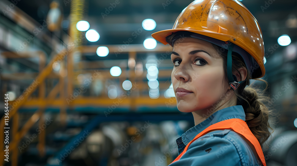 Confident Female Industrial Worker: A determined woman in a hard hat and safety vest stands confidently in a bustling industrial setting, her gaze fixed on the viewer. The image captures the strength. Confident Female Industrial Worker: A determined woman in a hard hat and safety vest stands confidently in a bustling industrial setting, her gaze fixed on the viewer. The image captures the strength.