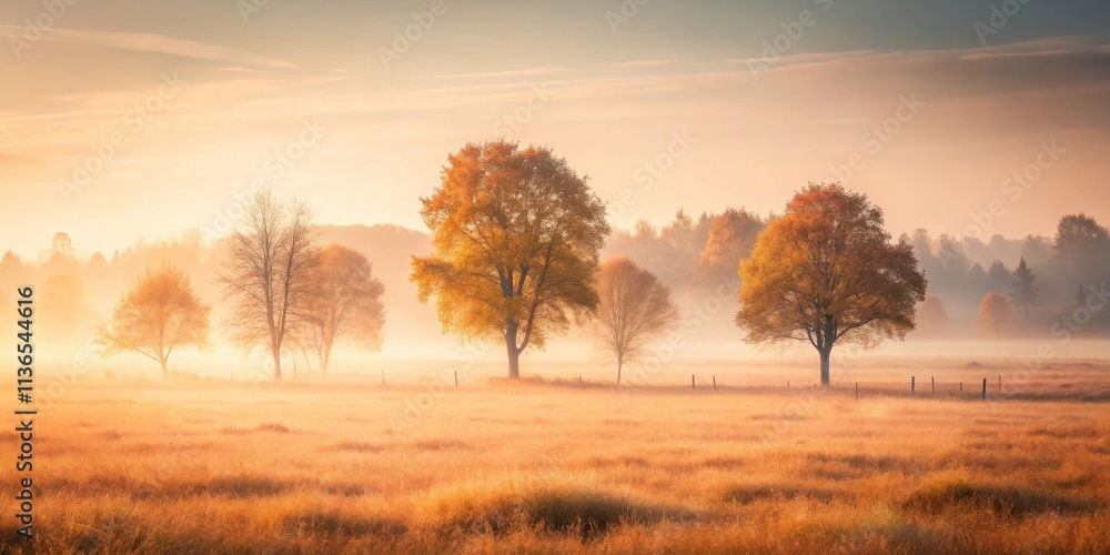 Fototapeta premium Serene autumn sunrise over misty meadow with golden trees