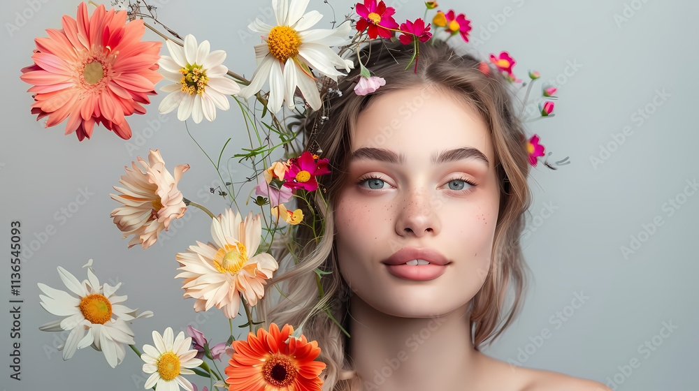 Floral Beauty: A woman with a captivating gaze is adorned with a crown of vibrant blossoms, creating a mesmerizing portrait of springtime elegance and natural beauty.