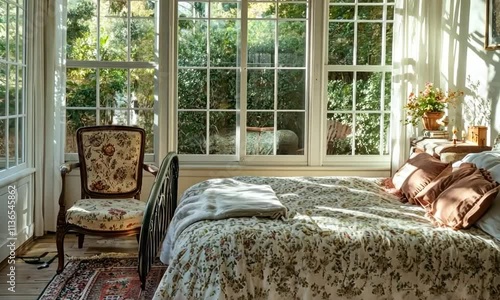 Sunlit Bedroom Haven: Serene Morning in a Floral-Themed Room