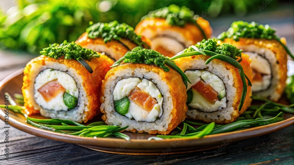 Crispy Fried Sushi Rolls with Cream Cheese, Salmon, and Green Garnish on a Rustic Wooden Table Crispy Fried Sushi Rolls with Cream Cheese, Salmon, and Green Garnish on a Rustic Wooden Table