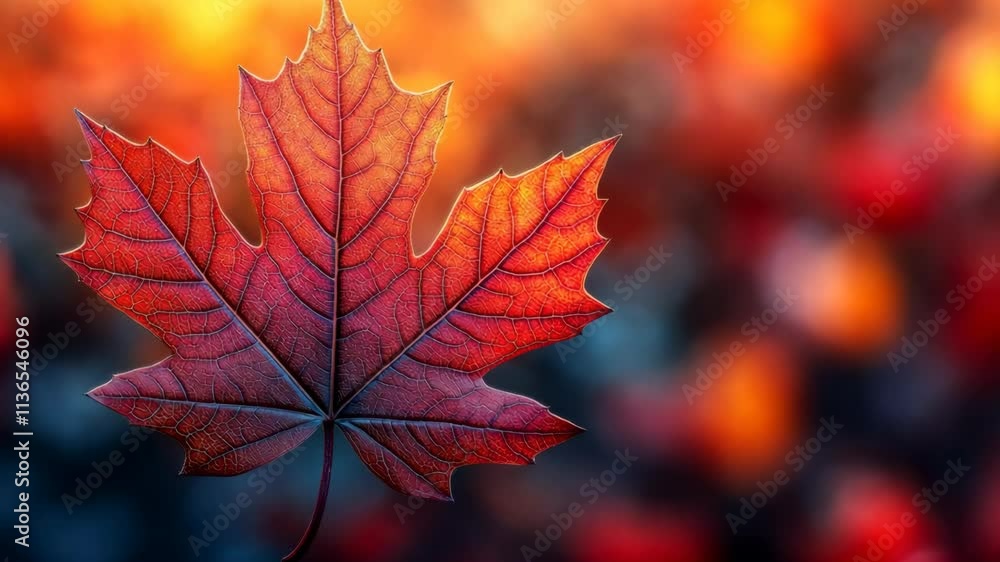 Vibrant Red Maple Leaf in Sharp Focus Against a Blurred Autumn Background with Warm Orange and Yellow Tones Vibrant Red Maple Leaf in Sharp Focus Against a Blurred Autumn Background with Warm Orange and Yellow Tones
